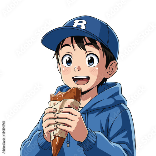 Boy Eating Snack Cartoon Character Illustration, happy, hoodie, cap, kid, isolated