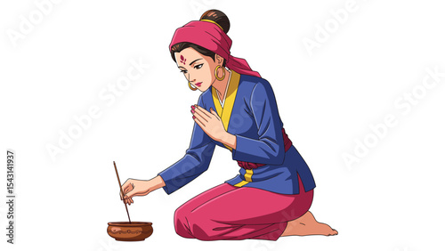 Hindu woman lighting incense cartoon vector illustration with traditional clothing