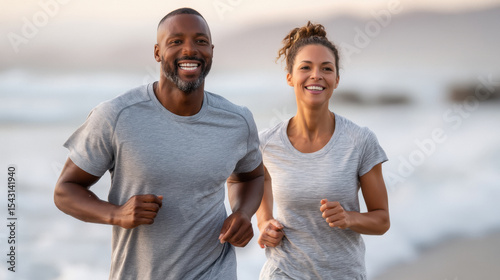 happy young couple jogging together at beach