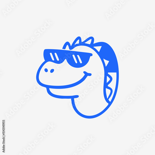 A stylized, cartoonish dinosaur head, outlined in blue, wearing sunglasses