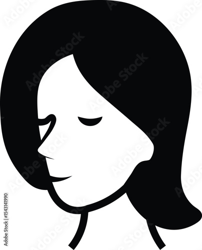 A stylish vector illustration features a black silhouette of a woman's face with flowing hair and expressive lips, framed by a prominent speech bubble