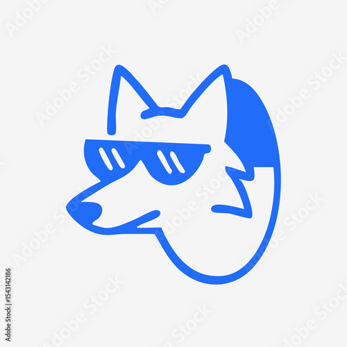 A stylized, simple blue outline drawing of a fox head wearing sunglasses