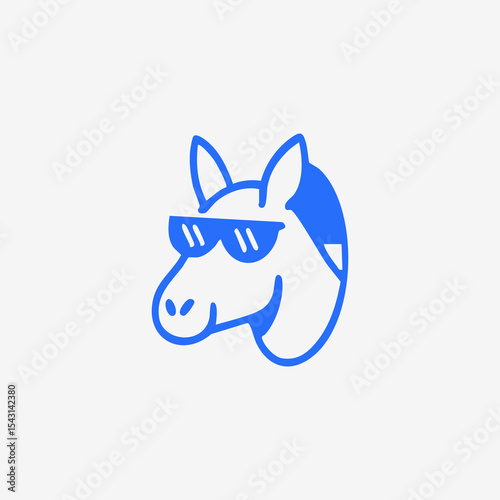 Simple blue line drawing of a horse's head wearing sunglasses