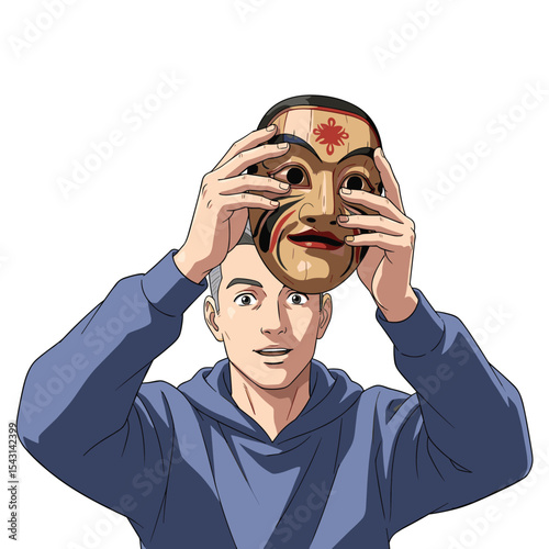 Man holding a traditional mask illustration for creative design projects, culture