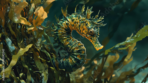 Captivating leafy seahorse in kelp forest stunning gigapixel underwater scene