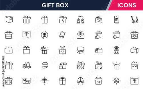 Vector illustration web line icon collection for gift box: presents, ribbons, surprises, and celebrations in a festive, modern, and vibrant design style.