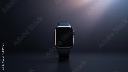 Modern Black Smartwatch Displayed Centrally Over Smooth Dark Background Surface Light