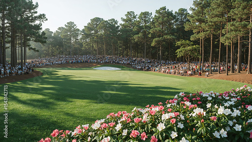 Golf course green with crowds and colorful flowers
