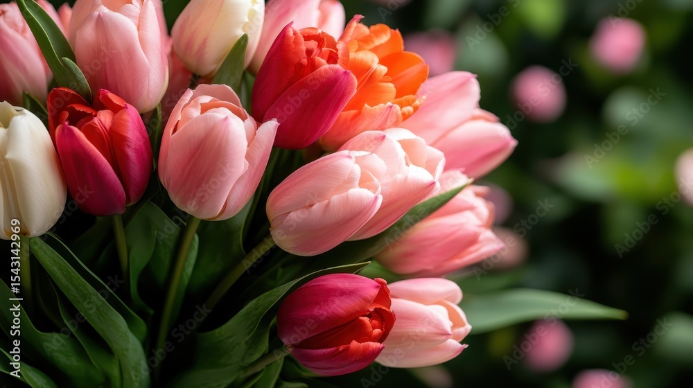 Fototapeta premium A beautiful bouquet of vibrant tulips showcasing a variety of colors in full bloom, capturing the essence of spring and joy, symbolizing renewal and natural beauty.