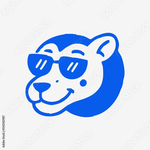 Cute cartoon animal head, blue outline, wearing sunglasses