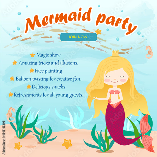 banner with the inscription mermaid party on the theme of the sea