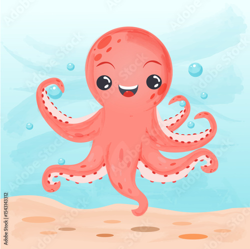 a cute pink octopus in a blue ocean