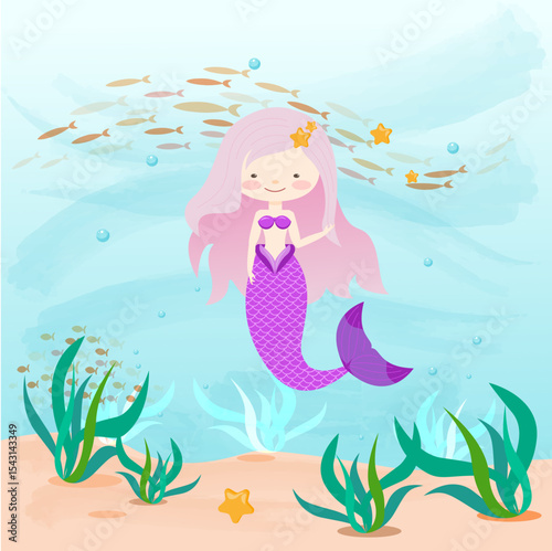 cute mermaid with a purple tail and a background of sea and fish
