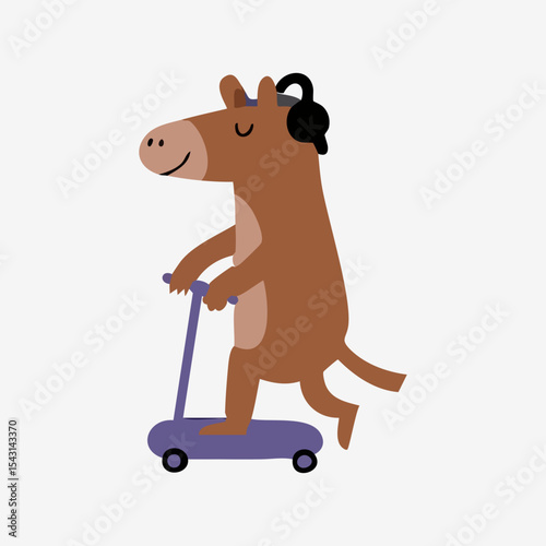 A brown horse wearing headphones rides a purple scooter