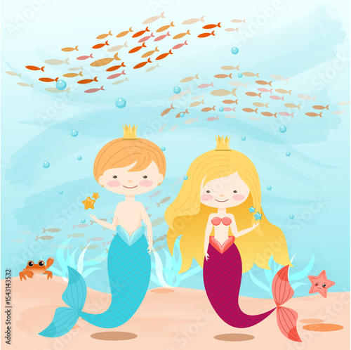 Prince and Princess Mermaids with a crab and a starfish in the background, surrounded by the depths of the sea