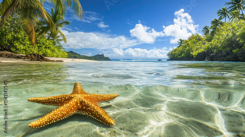 Crystal clear tropical waters relaxing starfish and scenic underwater marine life