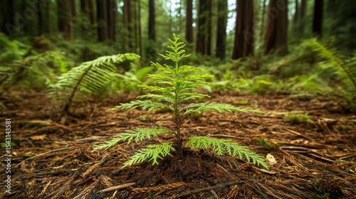 Nurturing growth redwood seedling emerges in gigapixel forest floor capture