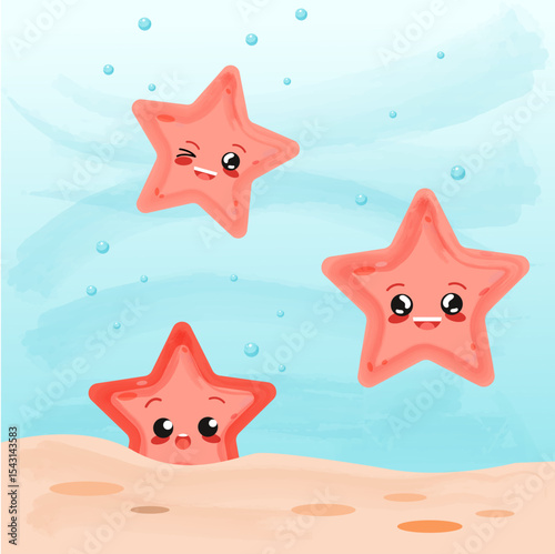 Three cute pink starfish in the ocean