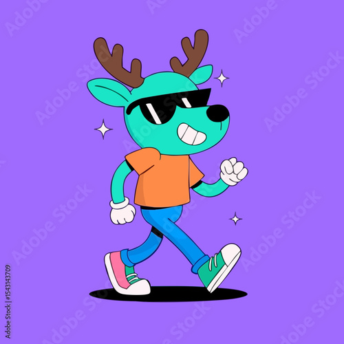 A teal deer-like creature wearing sunglasses and trendy clothes walks confidently