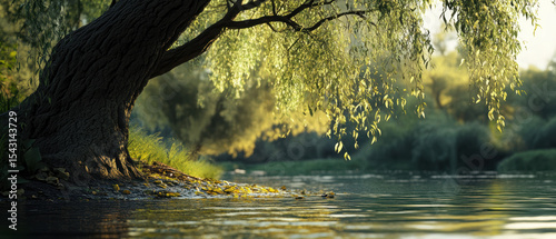 High-fidelity close-up of willow sprout by water's edge - tranquil nature scene