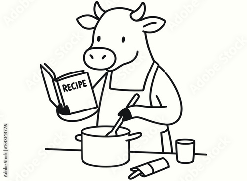  Cute Cow Cooking with Recipe Book Minimalist Line Art Illustration