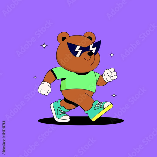 A cartoon brown bear wearing stylish sunglasses and a lime green shirt, walking in teal sneakers.  Small white stars are scattered around the bear