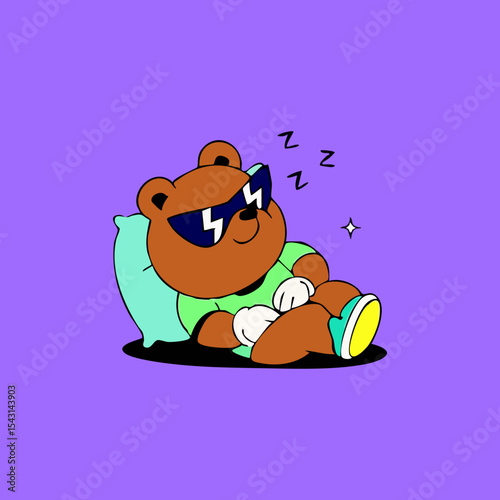 Cartoon bear wearing sunglasses, sleeping, on a light-teal pillow, against a lavender background