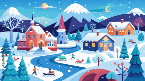 vector winter landscape with houses