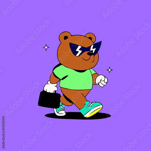 Cartoon bear wearing sunglasses, carrying a briefcase, and walking