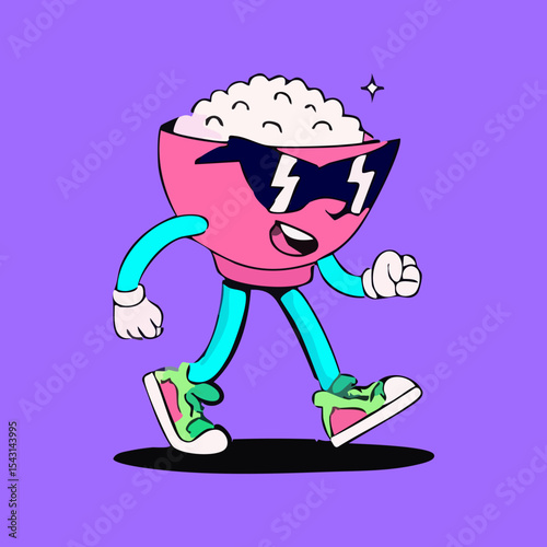 A bowl of rice character wearing sunglasses, walking