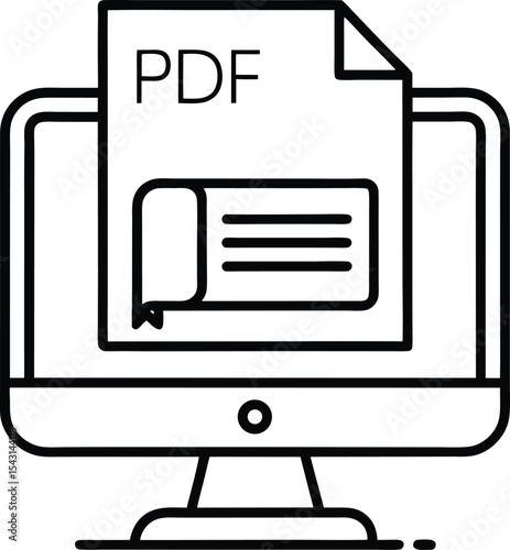 Monitor with PDF File Icon for Study Materials vector Line art illustration