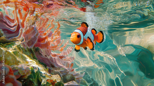 Underwater photography clownfish swimming in vibrant coral reef waters