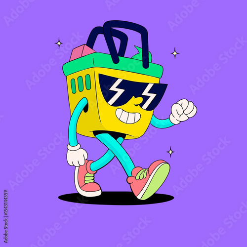 Cartoon shopping cart character wearing sunglasses, walking