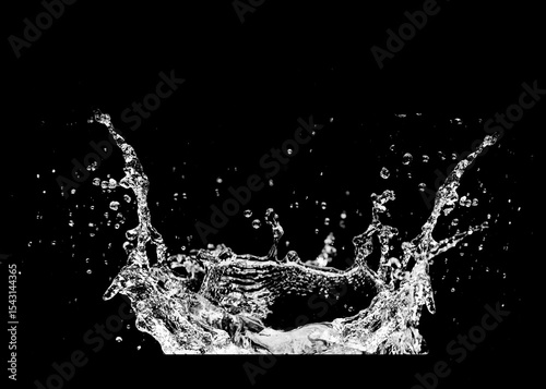 An exquisite water splash captured in mid-air, highlighting the dynamic form and purity of water against a dark backdrop. The image captures the ephemeral moment of impact.