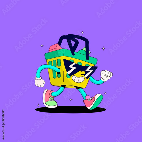 Cartoon shopping basket character, walking, wearing sunglasses, vibrant colors