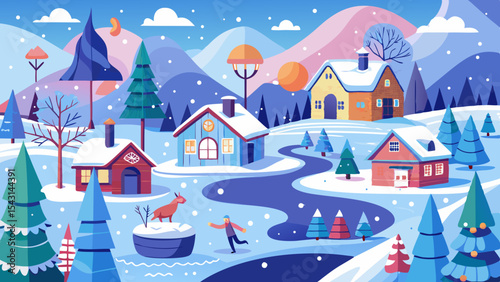 vector winter landscape with houses