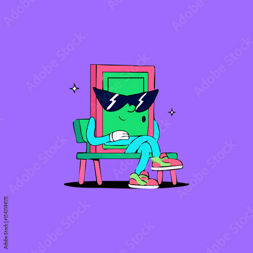 Cartoon character, a rectangular shape, wearing sunglasses, sitting on a bench.  It's vibrant, stylized, and playful, featuring bold colors and simple lines