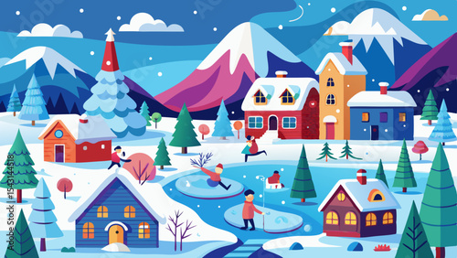 vector winter landscape with houses