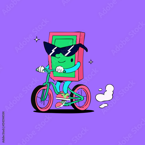 A stylized, cartoon character resembling a device, wearing sunglasses, and riding a bicycle
