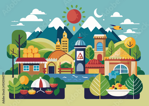Vibrant Village Illustration Sunny Day in a Picturesque Mountain Valley