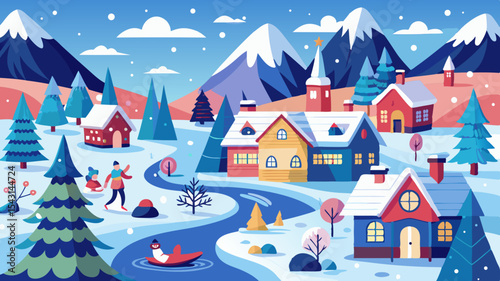 vector winter landscape with houses