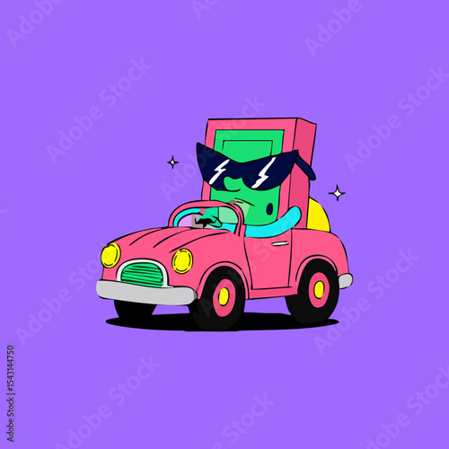 Cartoon character, shaped like a retro video game handheld, wearing sunglasses, driving a hot pink vintage car