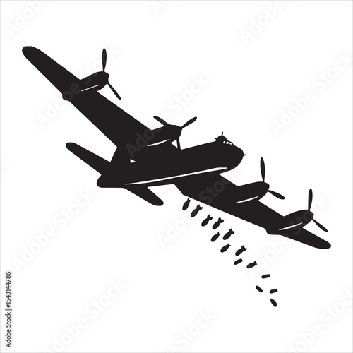 Bomber Airplane Silhouette with Dropping Bombs Military Vector Icon