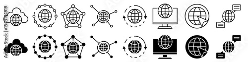 Internet icon vector set. Communication illustration sign collection. Satellite communication symbol. Computer network web icons set. WWW symbols design for web and app.