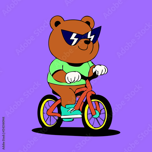 Cartoon Bear in Sunglasses Riding a Bike