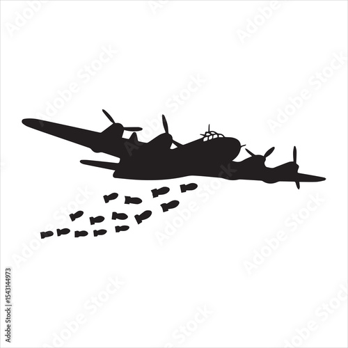 Bomber Airplane Silhouette with Dropping Bombs Military Vector Icon