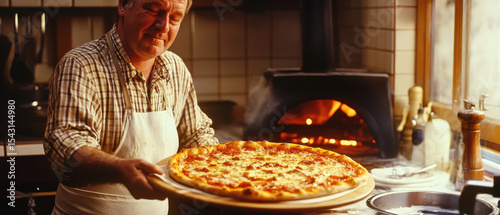 Pizza enthusiast pulls hot pizza from rustic wood-fired oven in warm kitchen ambiance