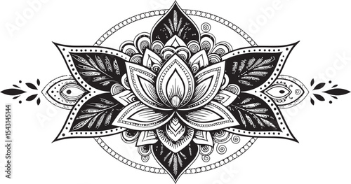 Lotus Mandala Tattoo Design – Ornamental Floral Symmetry in Black and White