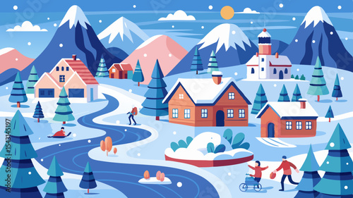 vector winter landscape with houses