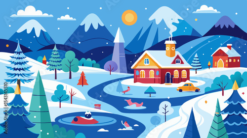 vector winter landscape with houses